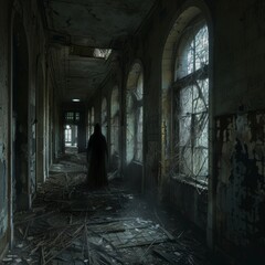 Eerie view of an abandoned asylum with peeling walls and reflective water