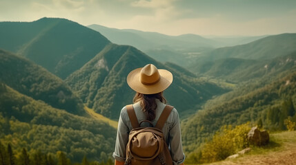 woman traveler with backpack holding hat