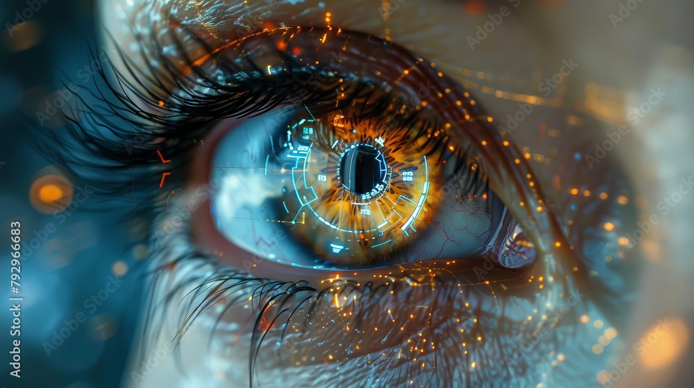 Poster Cyber security concept or coding script, graphic of eye shape with futuristic elements