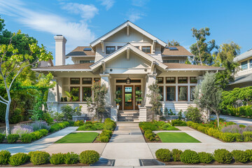 The front aspect of a sophisticated pearl white cottage craftsman style house, with a triple pitched roof, elegantly designed landscaping, a welcoming sidewalk, and outstanding curb appeal. - obrazy, fototapety, plakaty