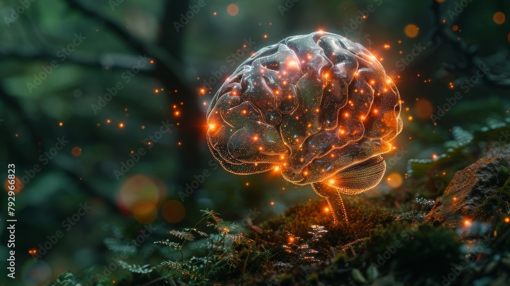 Poster Concept of machine learning or artificial intelligence, combining the shape of the human brain with a pattern created by electronics