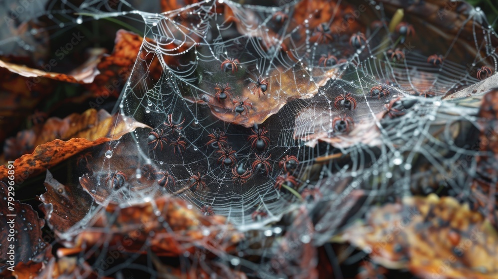 Poster a cluster of tiny spiderlings weaving intricate webs among the leaves