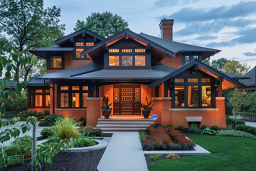 The front view of a rich terracotta craftsman cottage style house, showcasing a triple pitched roof, intricate landscaping, a seamless sidewalk, and enhanced curb appeal for a welcoming atmosphere.