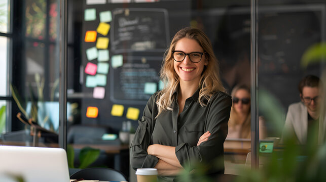 mujer femenina empresaria trabajadora sonriente y alegre en su oficina de trabajo persona de negocios corporativos con motivaci&oacute;n y satisfecha de sus logros profesionales