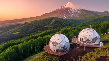 Domes house in the forest and mountain on background