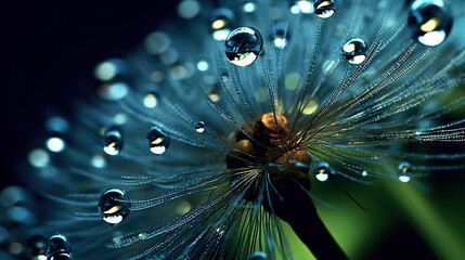 Beautiful shiny dew water drop on dandelion seed in nature macro.