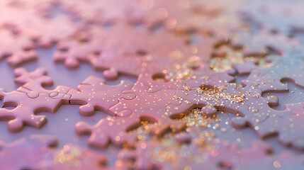 textura ilustracion de piezas de rompecabezas unas estan unidas en color rosa pastel y tiene destellos y polvo o brillantina dorado brillante - obrazy, fototapety, plakaty