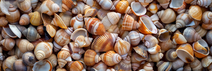 Collection of sea shells in various sizes and shades, closely packed together.