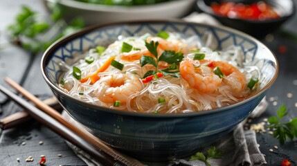Shirataki noodles with shrimps and vegetables in bowl on black background