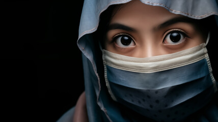 Close-up of a woman's intense gaze, with her eyes accentuated by the covering of a protective surgical mask and hood.
