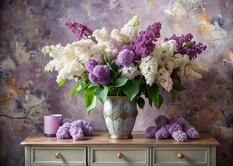 Beautiful white and purple lilac flowers in glass vases and bottles on a wooden chest of drawers. A bouquet of flowers in a vase . Light, white, pink and blue floral background.