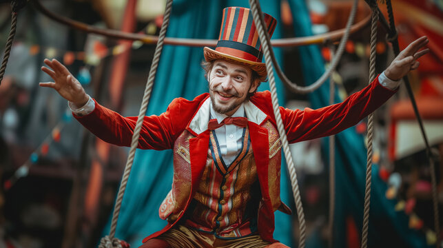 Joyful clown in a striped hat and vibrant red jacket standing amidst circus ropes.
