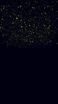 Vertical video clip, computer render, screensaver for smartphone, tablet. Many yellow particles are slowly falling from top to bottom on a dark background.