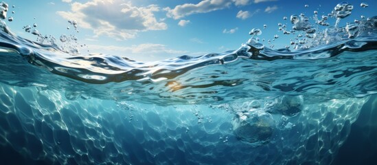 Underwater scene with blue ocean wave and sun rays. - obrazy, fototapety, plakaty