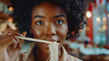 Young african american woman eating Shirataki noodles.