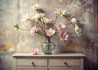 A beautiful branch of pink magnolia in a glass vase and vials on an old wooden chest of drawers. A...