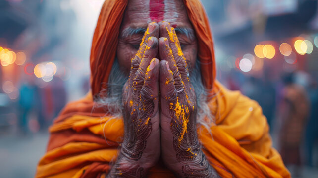 Sadhu in prayer with painted hands