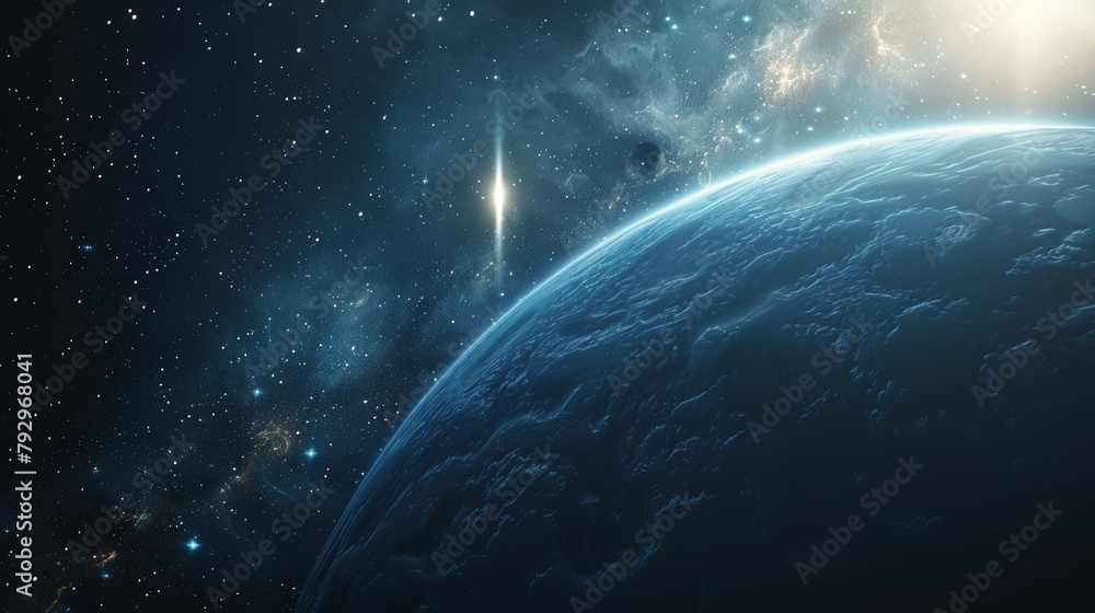 Poster a cosmology concept with a graphic of earth and a comet from outer space