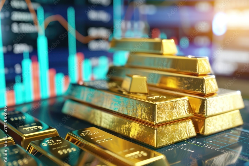 Wall mural A stack of gold bars is featured against a backdrop of electronic stock data displaying market trends