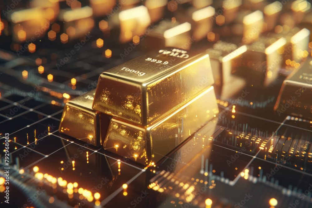 Poster illuminated gold bullion bars are placed on a high-tech grid background suggesting advanced financia