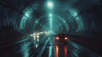 A dimly lit tunnel with cars streaming through, headlights piercing the darkness