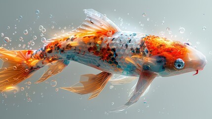 This is an illustration of a low polygonal Koi fish with an element of futuristic design.