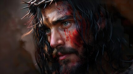 Jesus Christ with crown of thorns in agony, high-resolution banner, space for text, spiritual and religious use