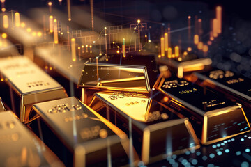 Gold bars in focus with blurred financial charts in the background depicting market analysis