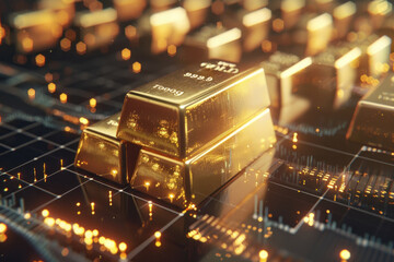 Illuminated gold bullion bars are placed on a high-tech grid background suggesting advanced financial systems