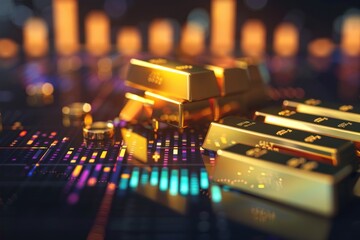 Gold bars scattered across a digitally enhanced stock market display depicting trading and wealth accumulation