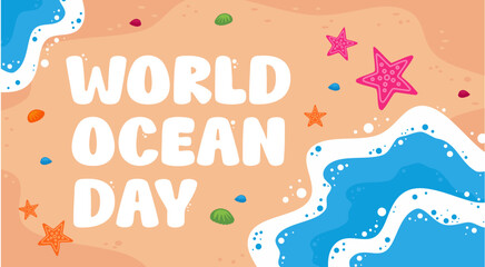 World Ocean Day banner poster with sea beach and waves and starfish