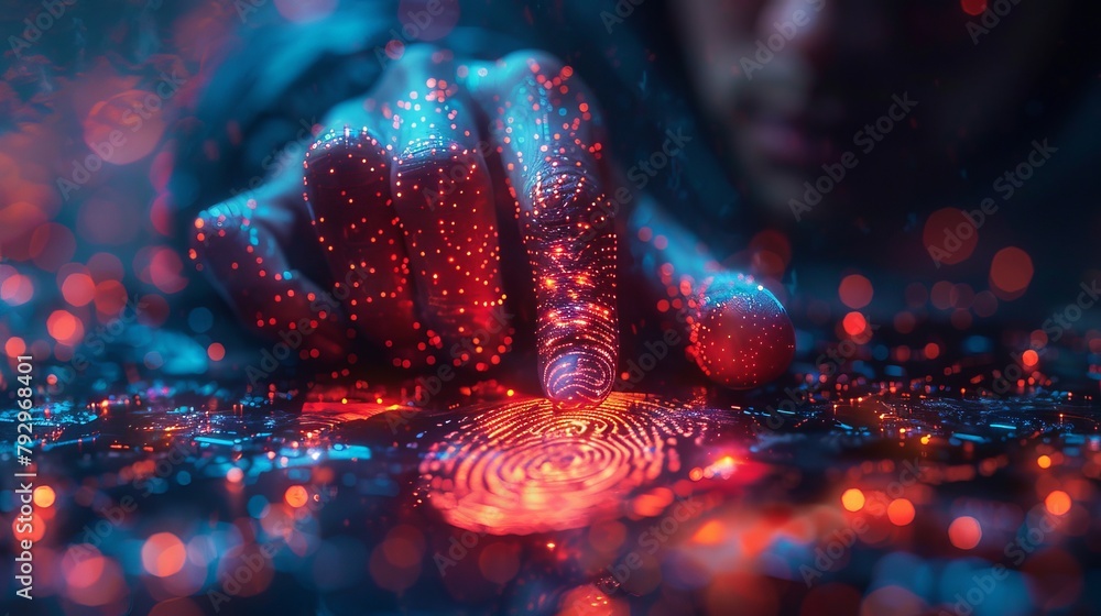 Poster biometrics or digital forensics technology concept, fingerprint and person's head combined with futu