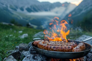 A pan of hot dogs is cooking over a fire in the mountains