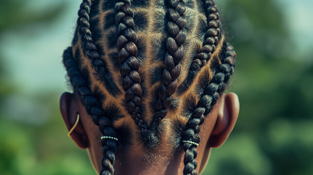 Close-up of a child&rsquo;s head from behind, showing a pattern of complex braids on dark hair.