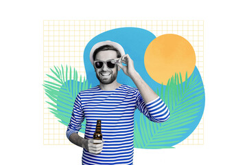 Composite photo collage of happy smile guy wear panama drink beer bottle resort relax vacation palm sun isolated on painted background