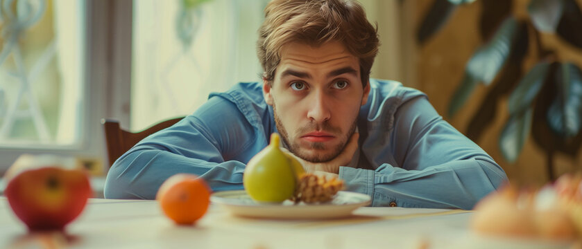 man sitting at table with almost nothing on plate looking at tiny little portion of fruit for lunch