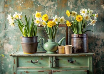 Beautiful spring daffodils in an iron vintage vase and pots on an old wooden chest of drawers. A bouquet of flowers in a vase in a home interior. Yellow, green, beige floral background.
