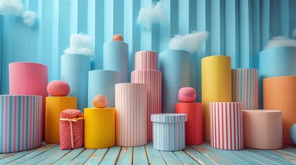 3d rendering of a colorful geometric background with podiums and clouds