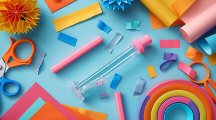 A blank glue stick mockup with a clear plastic body, lying on a child's desk with colorful construction paper and scissors. - obrazy, fototapety, plakaty