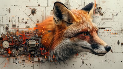 Fototapeta premium Combined graphic of fox head and electronic board