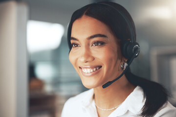 Call center, computer and smile with woman consultant in telemarketing office for help or sales....