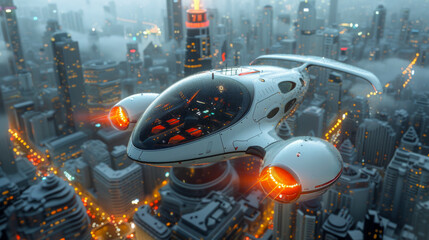 Capture the excitement of a flying taxi flying at night, with city lights twinkling below and the illuminated skyline stretching