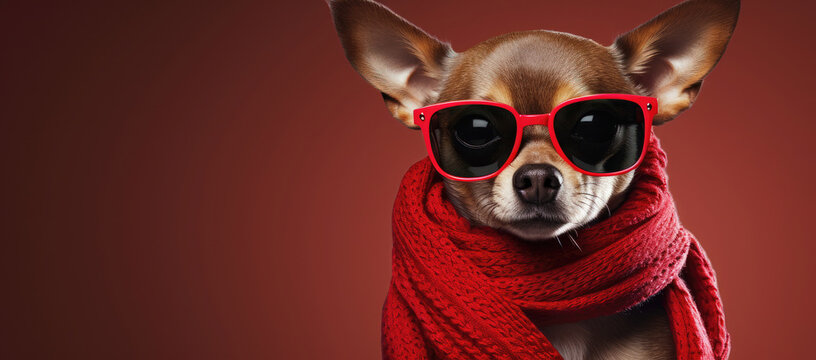 Stylish chihuahua in red scarf and sunglasses on brown