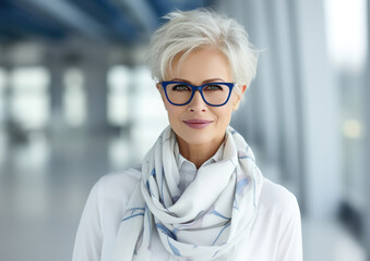 Stylish mature woman with silver hair and blue framed glasses. - obrazy, fototapety, plakaty