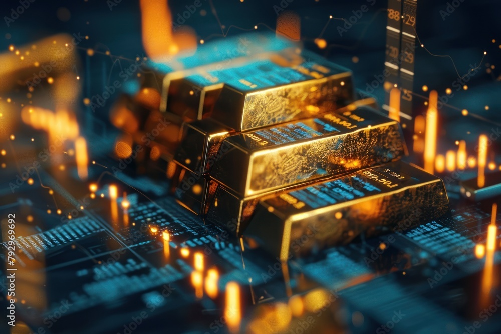 Poster intriguing view on gold bars set against a futuristic digital currency market with dynamic graphs an