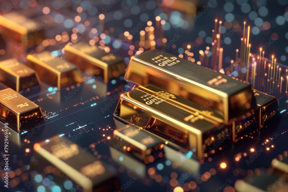Poster vivid image showcasing gold bars against a backdrop with digital elements symbolizing advanced techn
