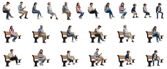 ベンチに座っている人々切抜き素材集、背景透過（男性、女性、老人、子供）