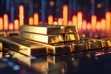 Piled neatly, the gold bars shine against the digital rise of financial figures, denoting prosperity, stable investment, and the fusion of tangible and digital wealth - 792969687