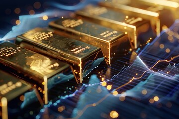 Naklejka premium Detailed depiction gold ingots placed atop an advanced technological financial graph radiating connectivity