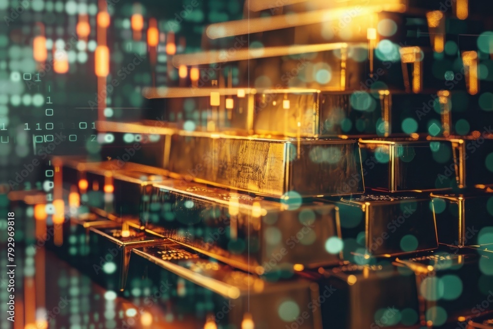 Poster gold bars with a sleek reflection on a backdrop of digital data, symbolizing the fusion of tradition